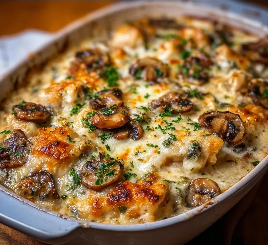Delicious Keto Garlic Mushroom Chicken Casserole with creamy sauce and herbs.