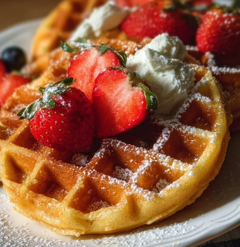 Plate of fluffy Keto Waffles topped with berries and syrup