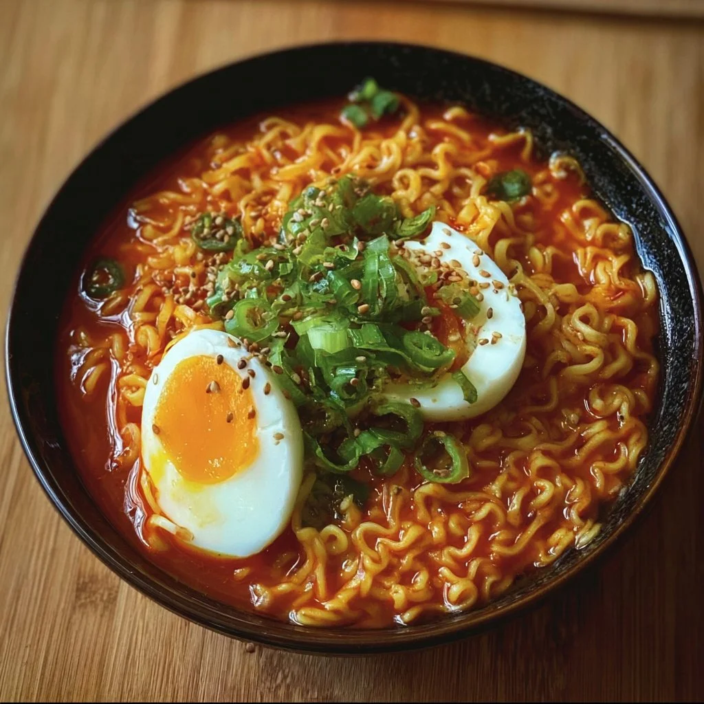A bowl of Korean spicy ramen noodles topped with vegetables and an egg
