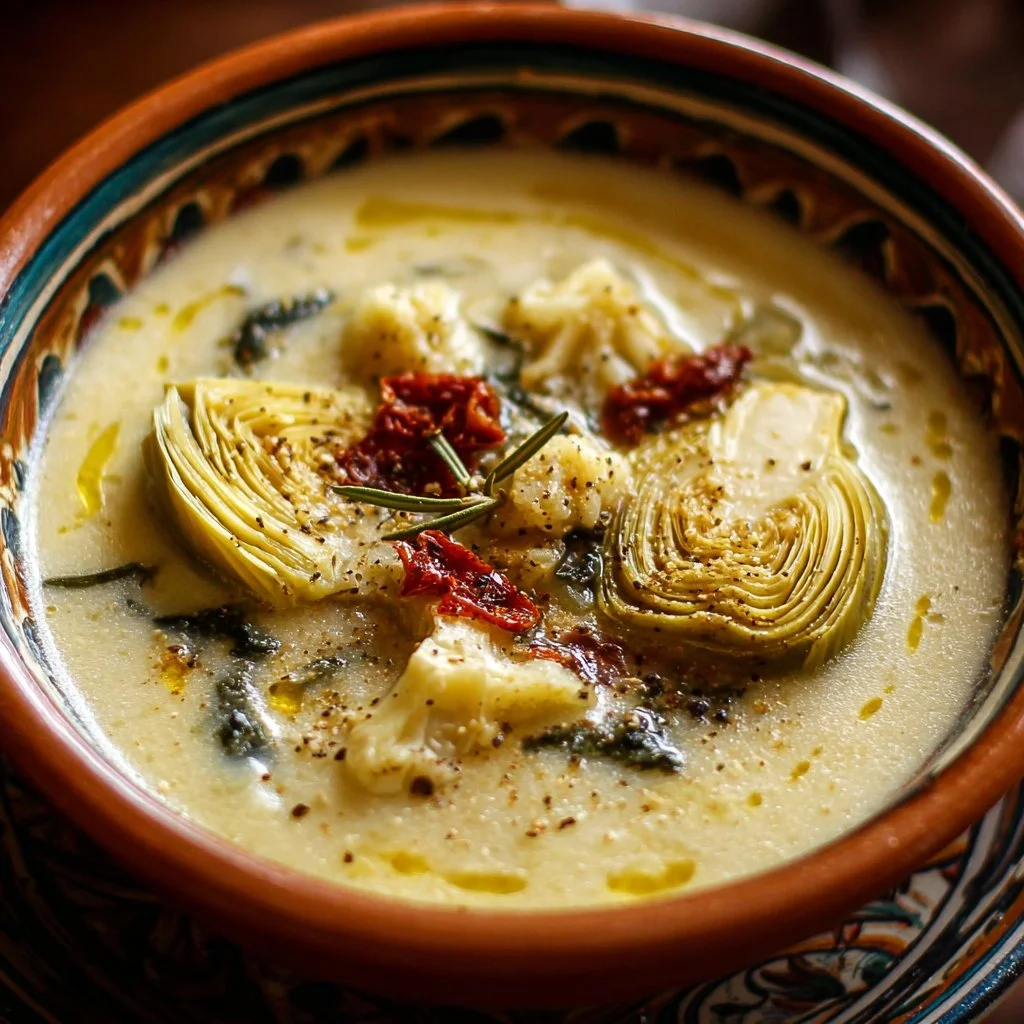 Bowl of Lemony Tuscan Artichoke Soup garnished with herbs and lemon slices.