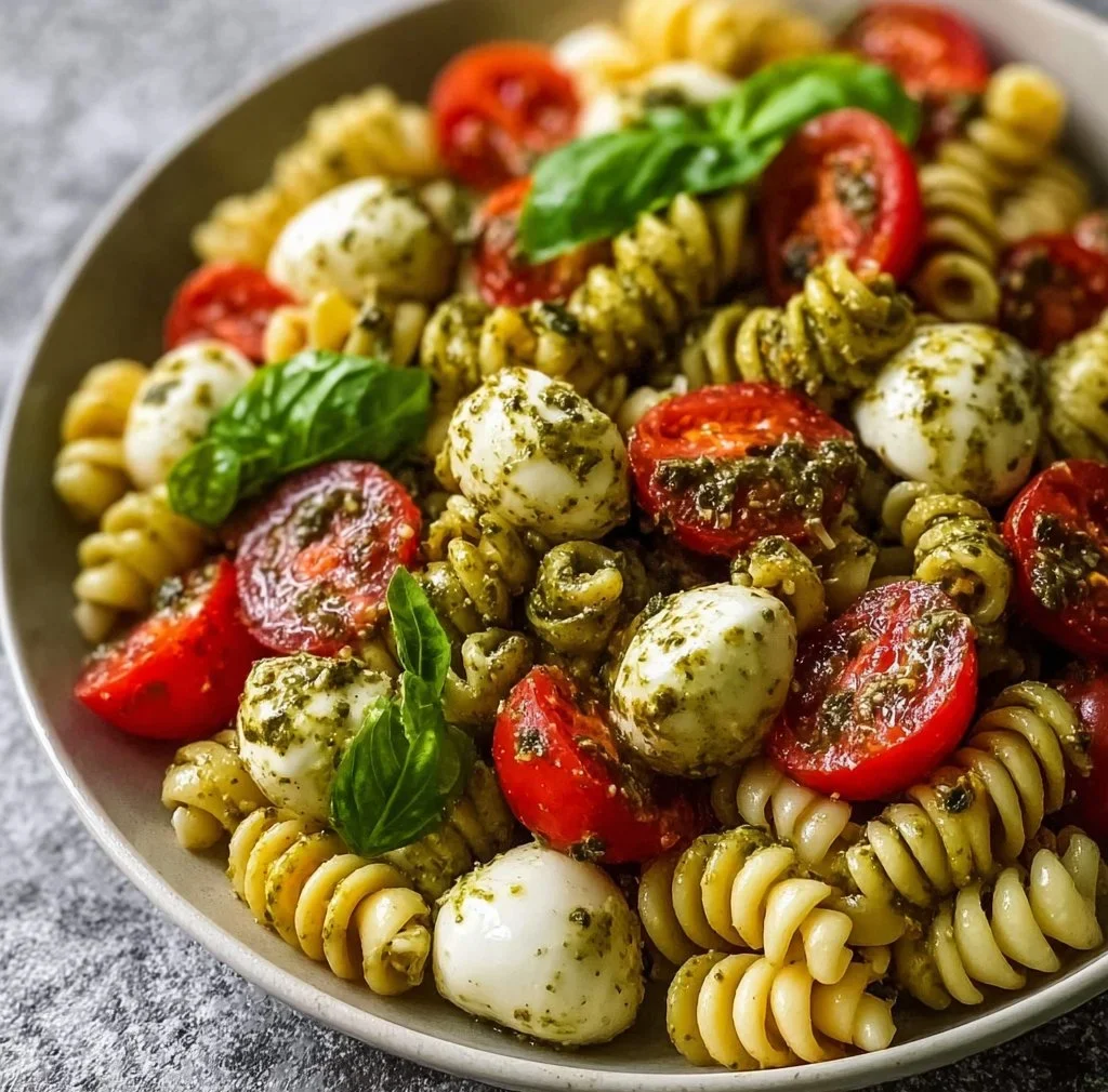 Light and creamy pesto Caprese pasta salad served in a bowl with fresh ingredients.