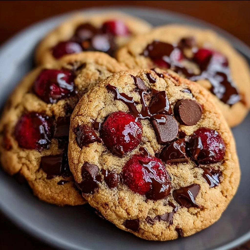 Maraschino Cherry Chocolate Chip Cookies stacked on a plate