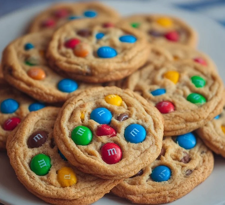 Freshly baked M&M cookies with colorful chocolate candies