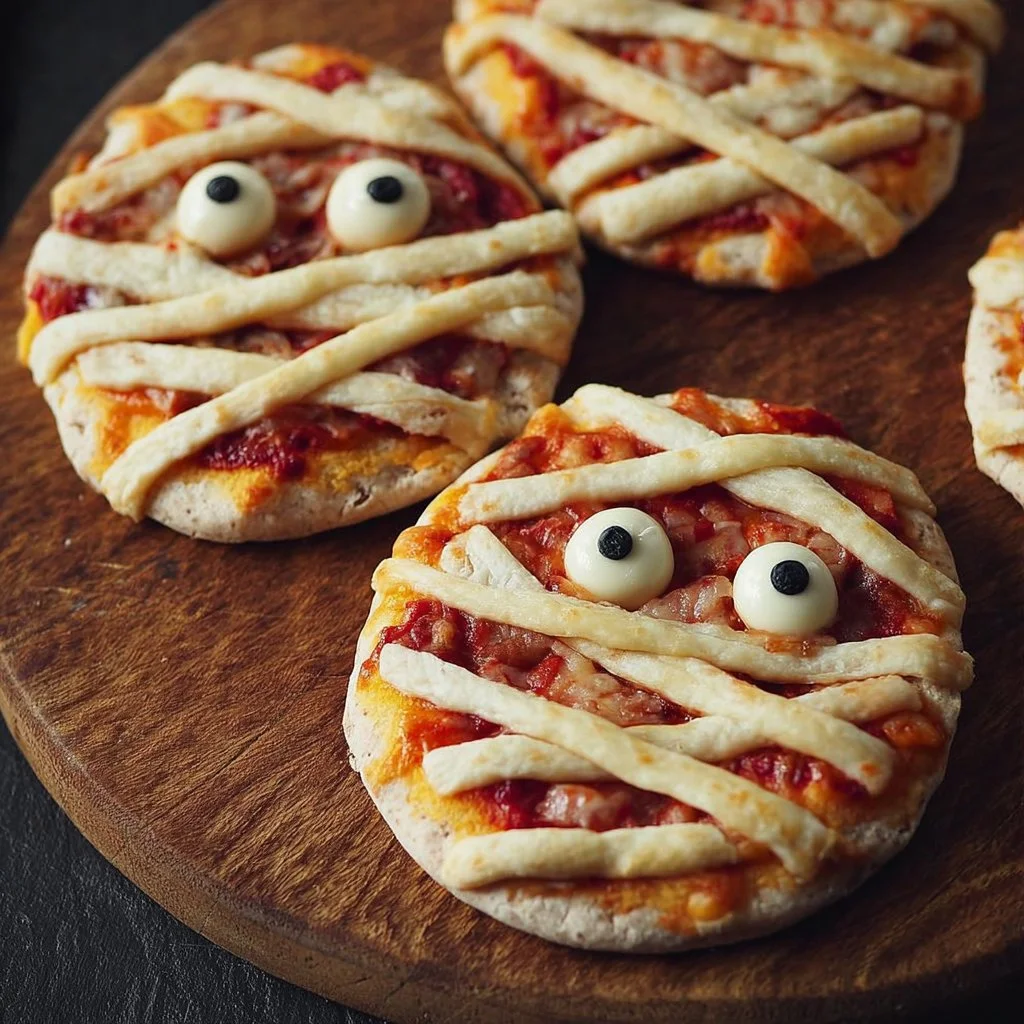 Spooky Mummy Mini Pizzas ready to serve for Halloween celebrations.