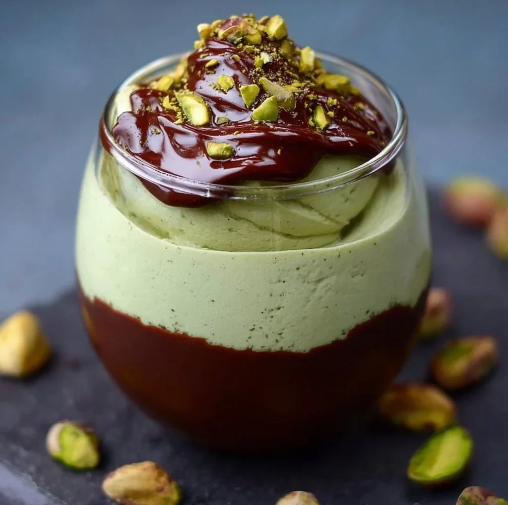 Delicious pistachio mousse topped with chocolate ganache in a dessert glass.