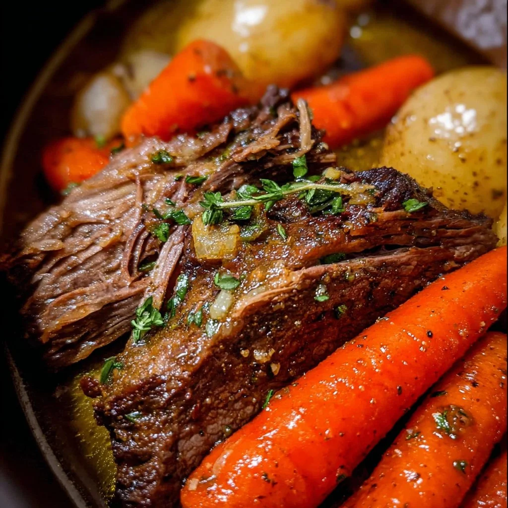 Delicious pot roast cooking in a slow cooker for a perfect family meal