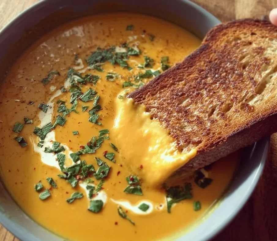 Delicious protein-packed butternut squash soup in a bowl garnished with herbs