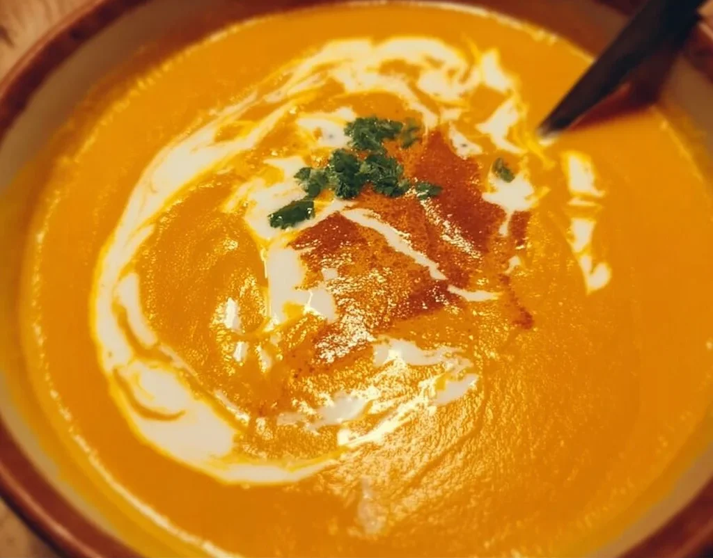 Delicious bowl of Pumpkin and Sweet Potato Soup garnished with herbs