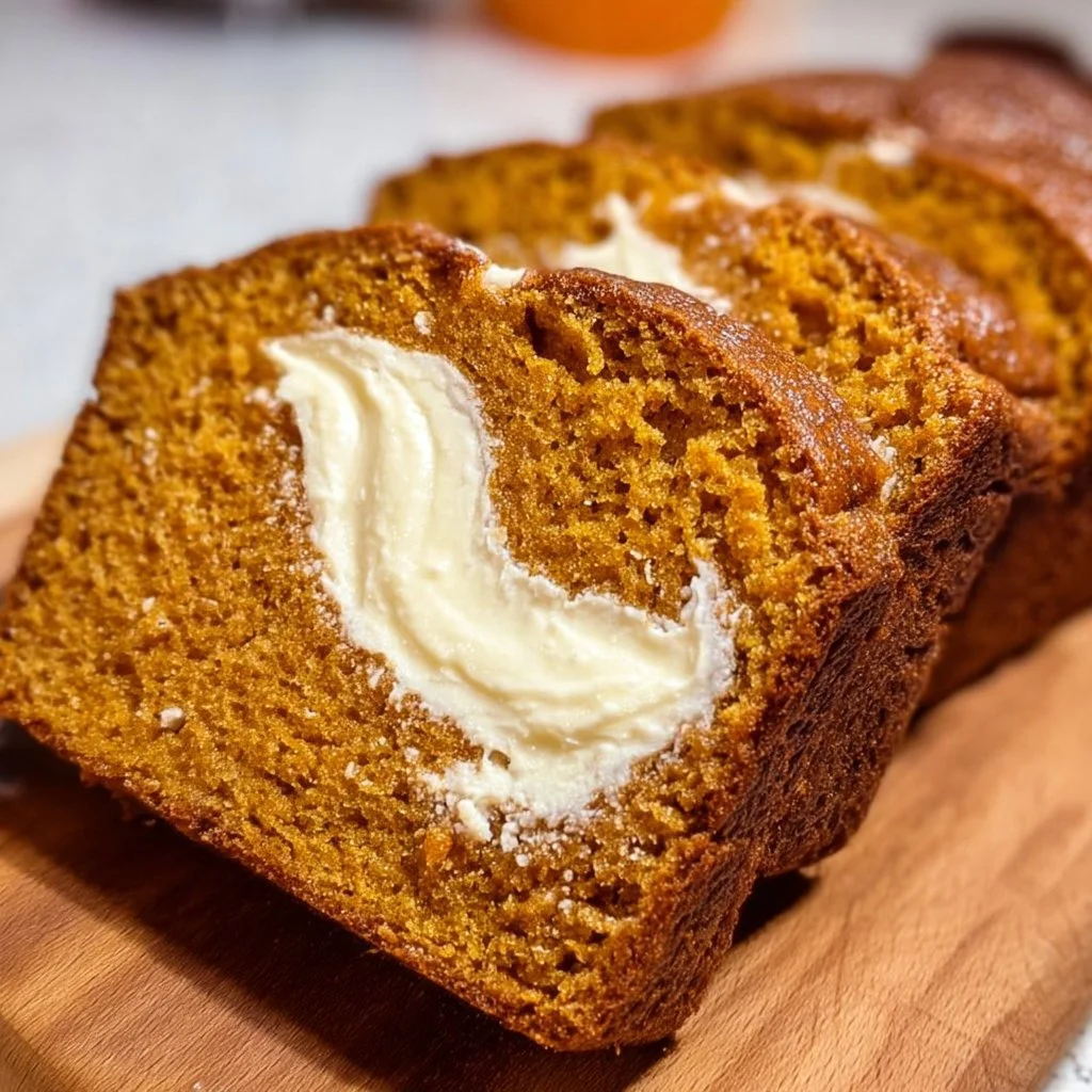 Delicious pumpkin bread topped with cream cheese frosting and spices
