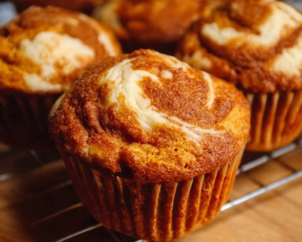 Delicious pumpkin cream cheese swirl muffins freshly baked and ready to enjoy.