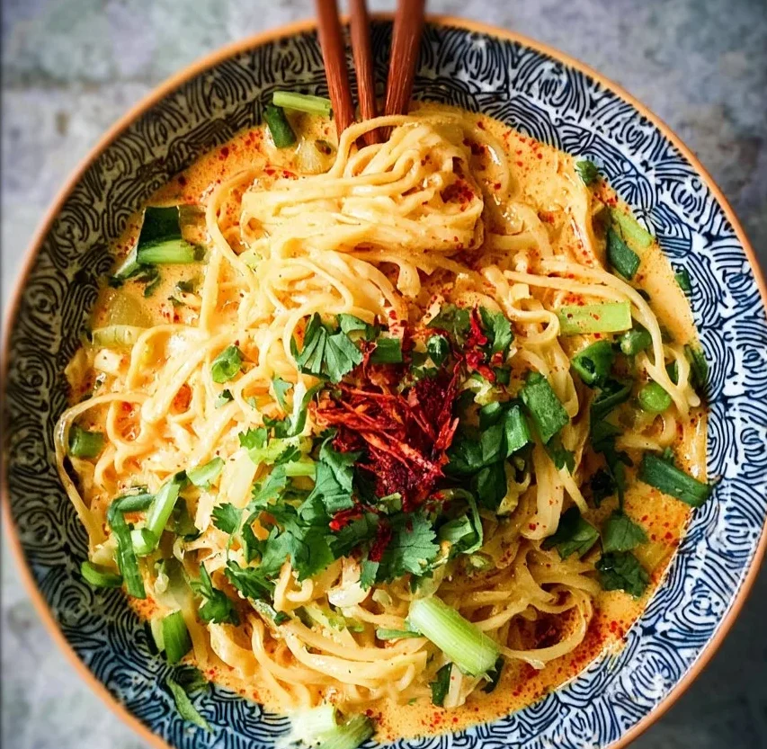 Bowl of quick spicy coconut noodles garnished with herbs and chili