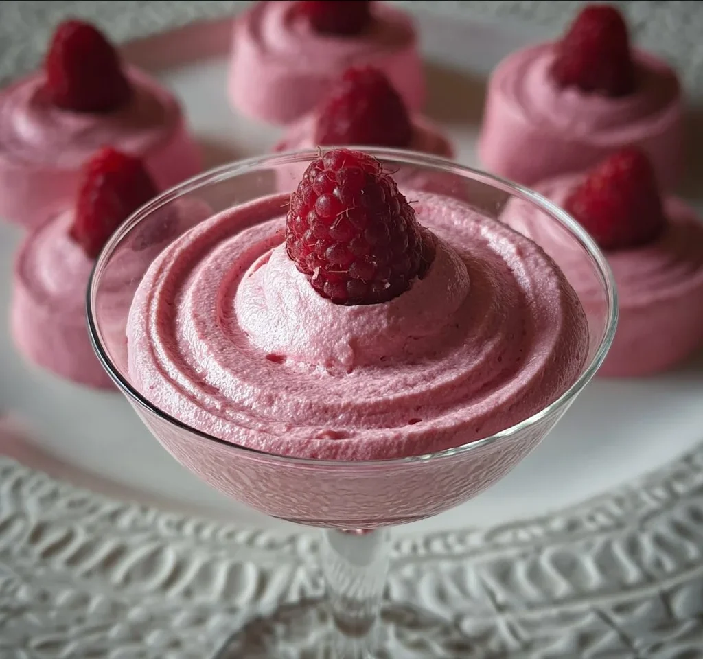 Delicious homemade raspberry mousse garnished with fresh raspberries and mint