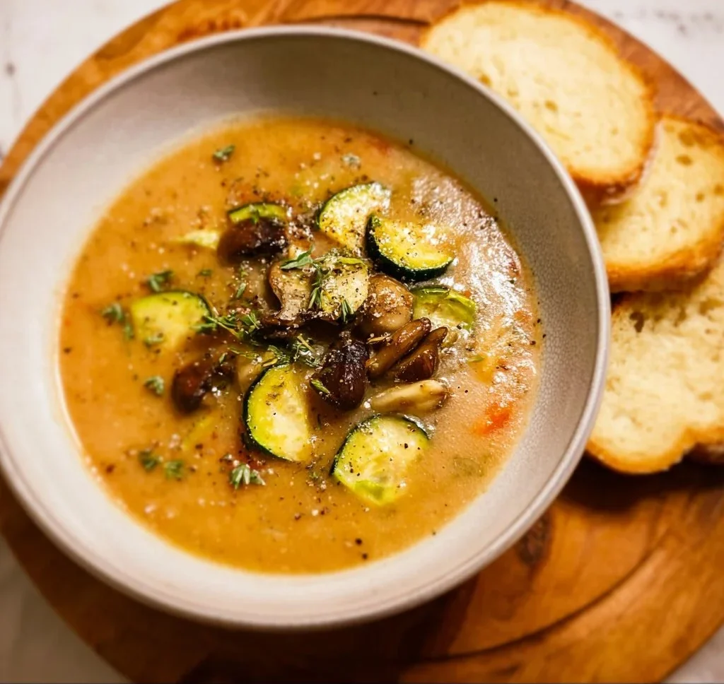 Bowl of Remy's Ratatouille Soup with fresh vegetables and herbs