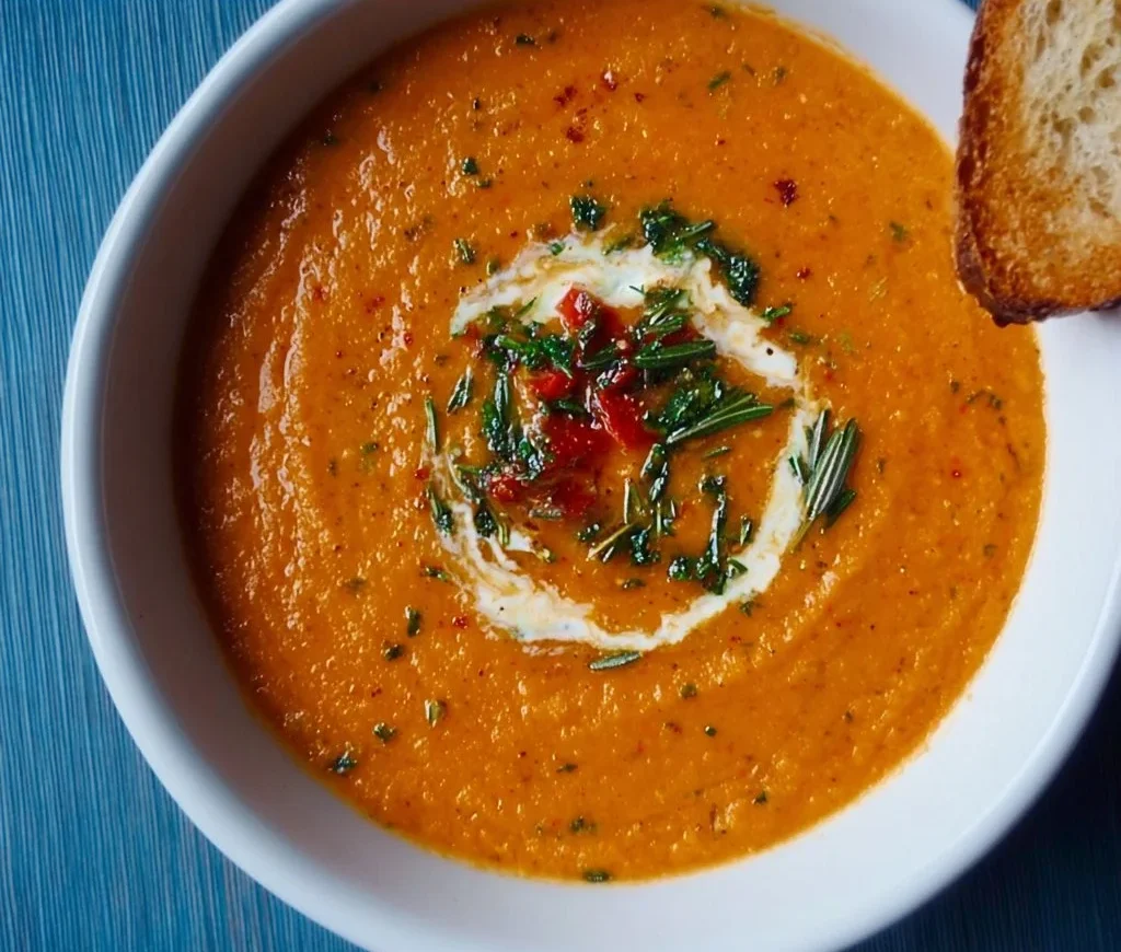 A bowl of smooth and creamy roasted vegetable soup with fresh herbs