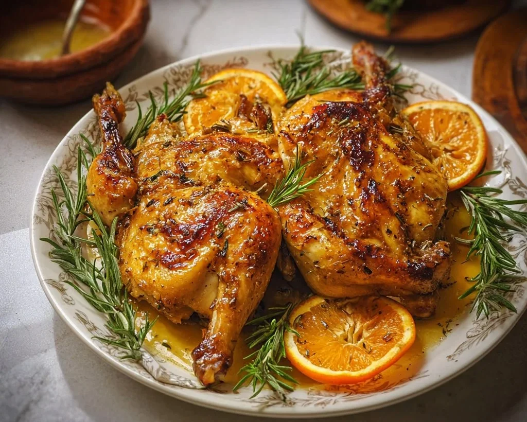 Rosemary Orange Spatchcock Chicken served with fresh herbs and citrus glaze