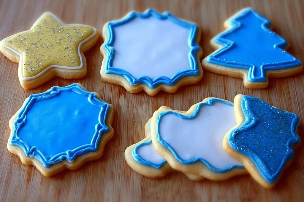 Decorated cookies with Royal Icing in various colors and designs.