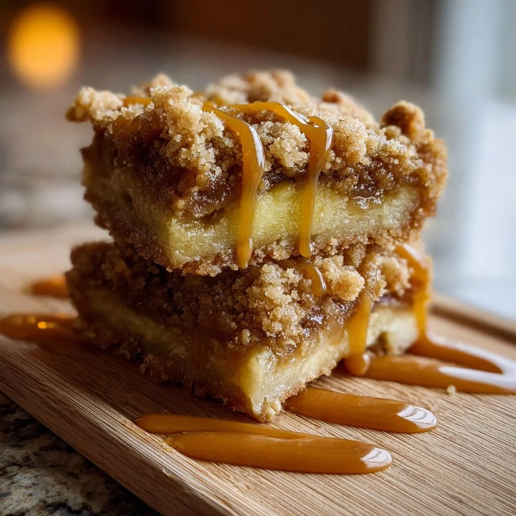 Delicious salted caramel apple crumble bars with a crunchy topping