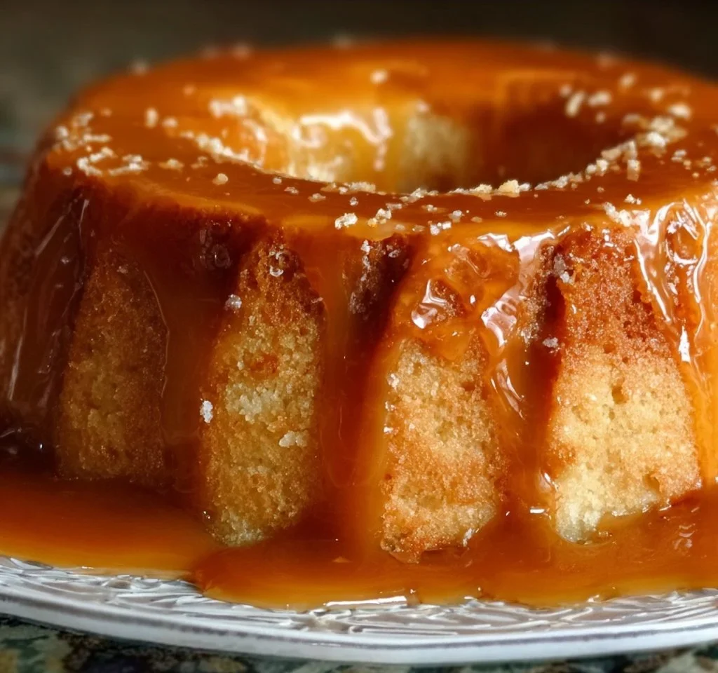 Delicious salted caramel Kentucky butter cake served on a plate