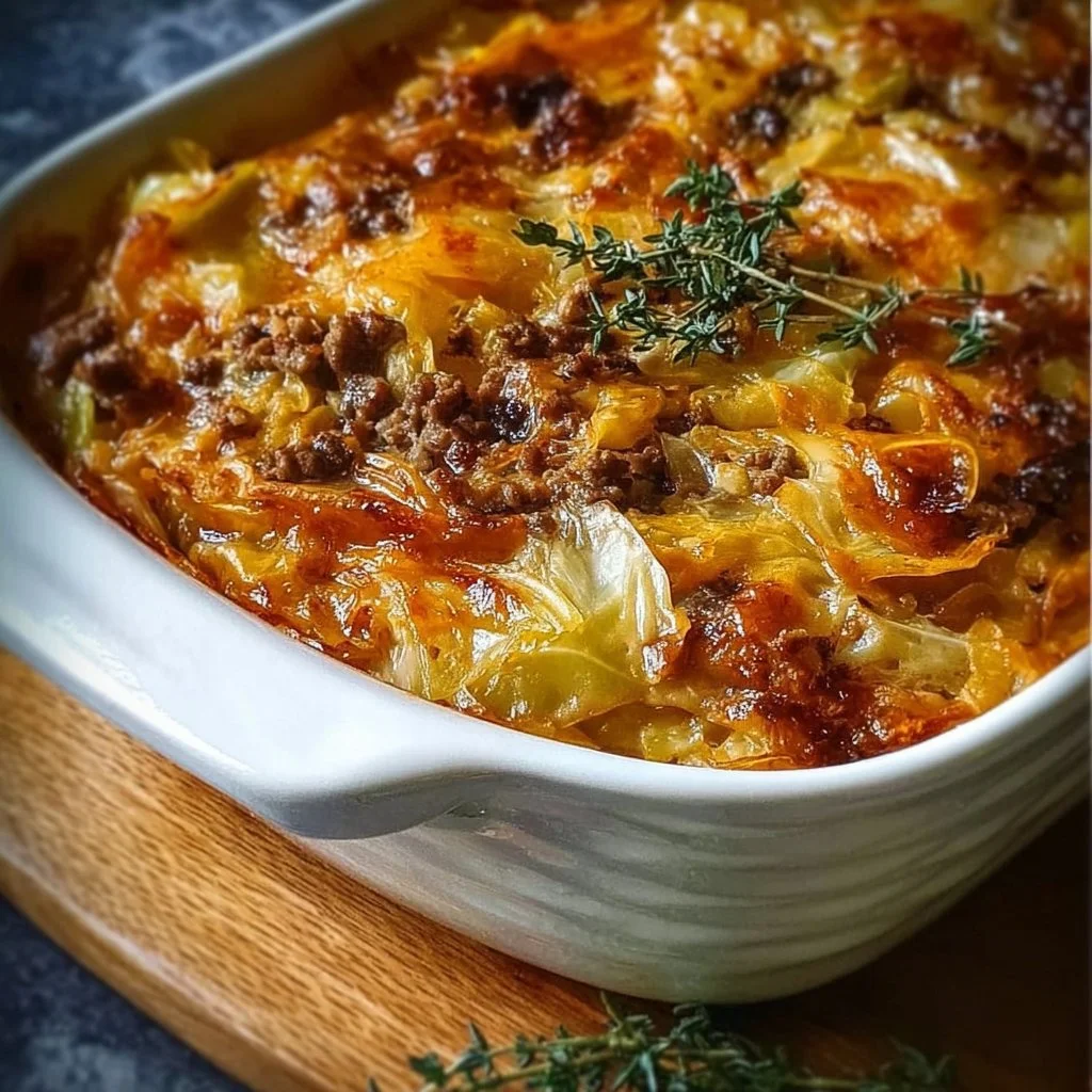 Savory Cabbage Beef Bake with layers of beef and cabbage