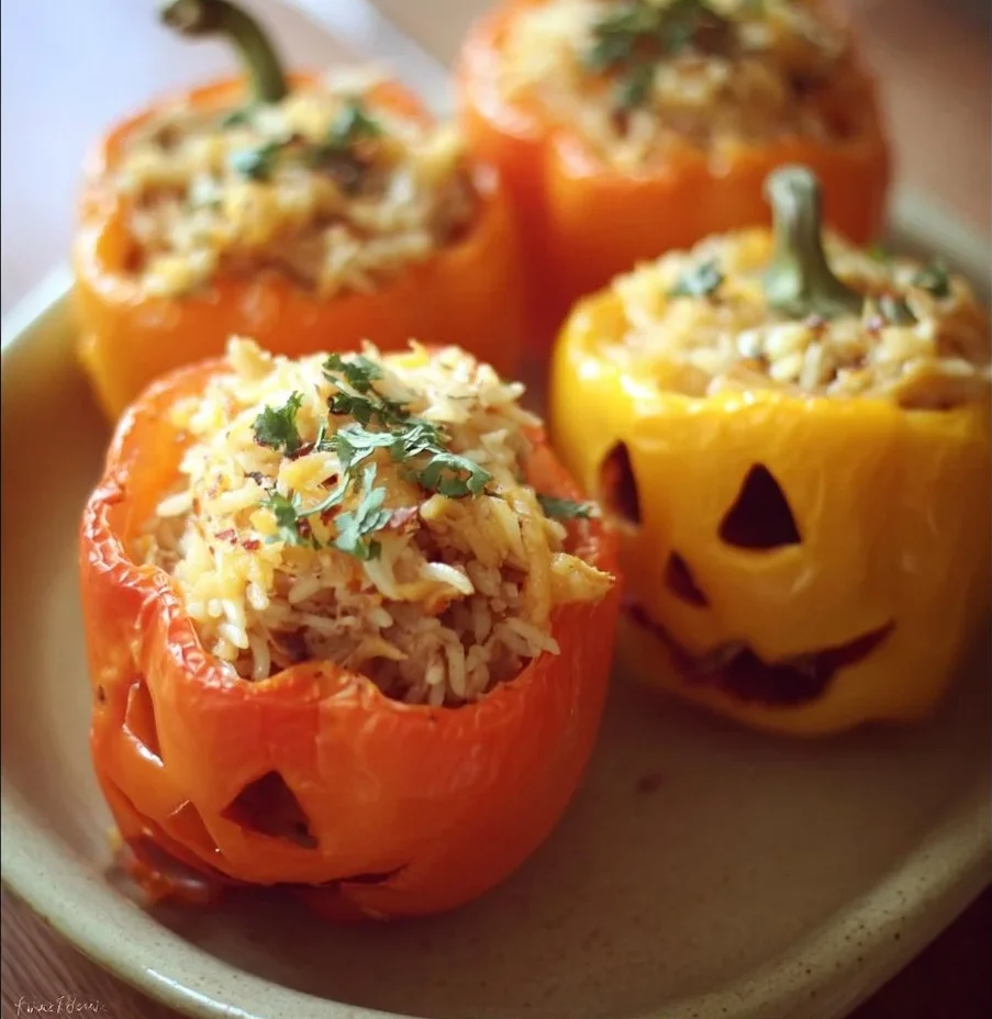 Shredded Chicken and Rice Stuffed Peppers on a white plate