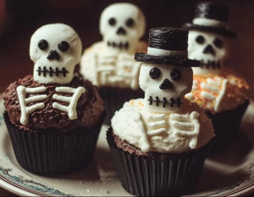Spooky skeleton cupcakes decorated for Halloween celebration