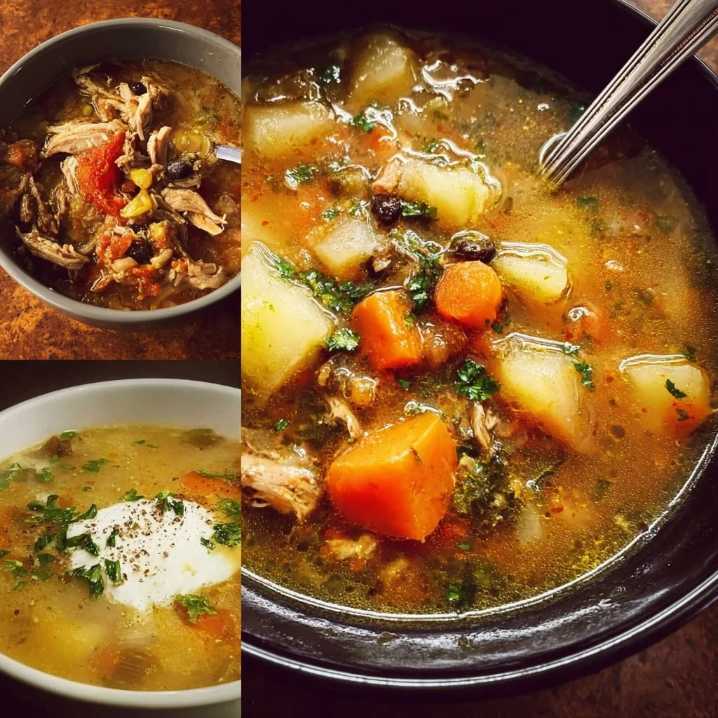 Bowl of hearty slow cooker soup with vegetables and spices.
