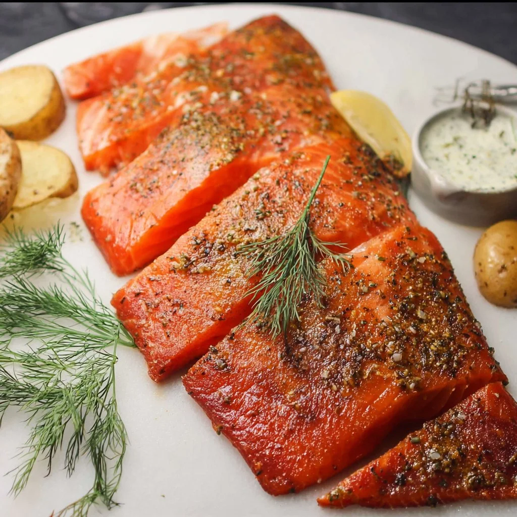 Delicious homemade smoked salmon ready to be served on a plate.