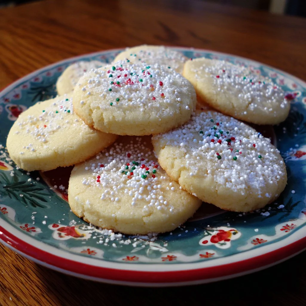 A plate of freshly baked soft sugar cookies, golden and chewy.