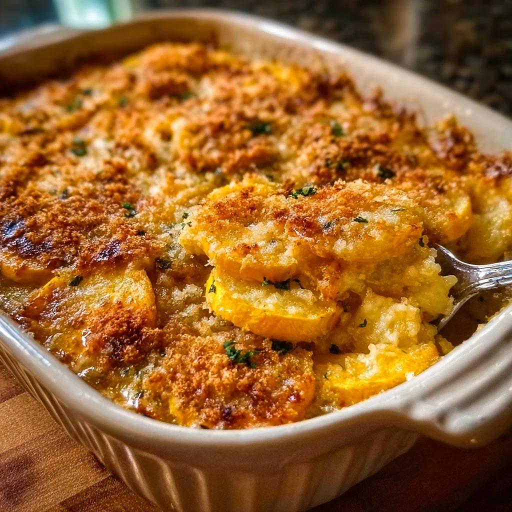 Delicious Southern squash casserole served in a baking dish