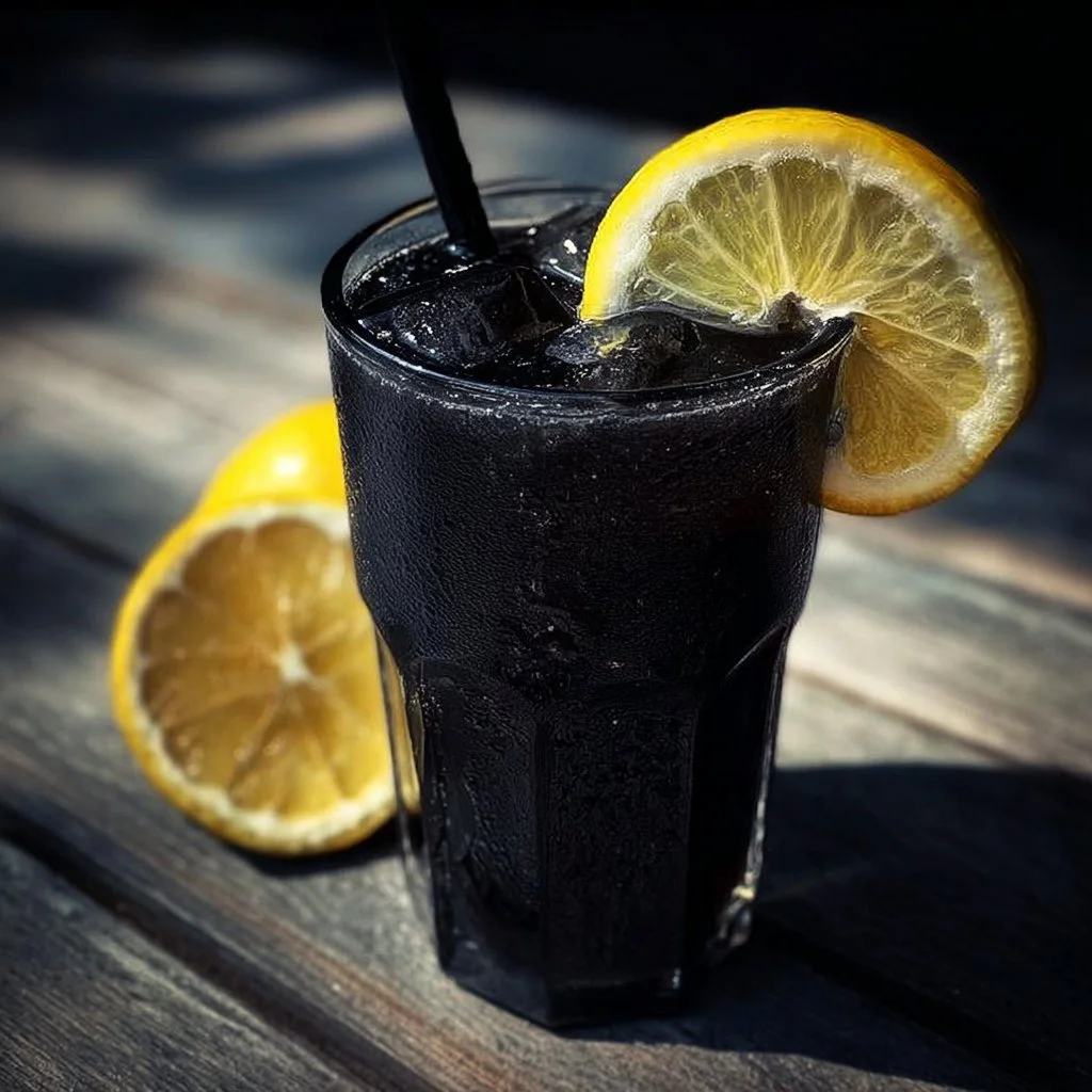 Chilling glass of spooky black lemonade with eerie garnishes for Halloween.