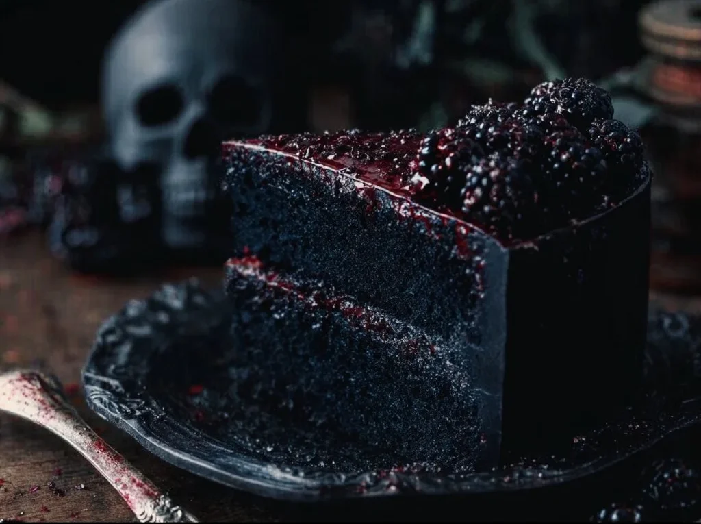 Spooky Black Velvet Halloween Cake decorated for Halloween celebrations