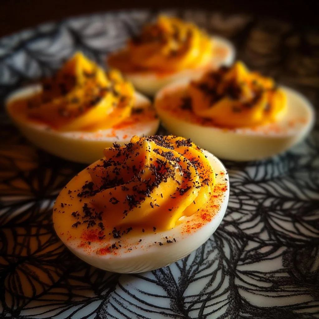Spooky spiderweb deviled eggs, a creative Halloween appetizer.