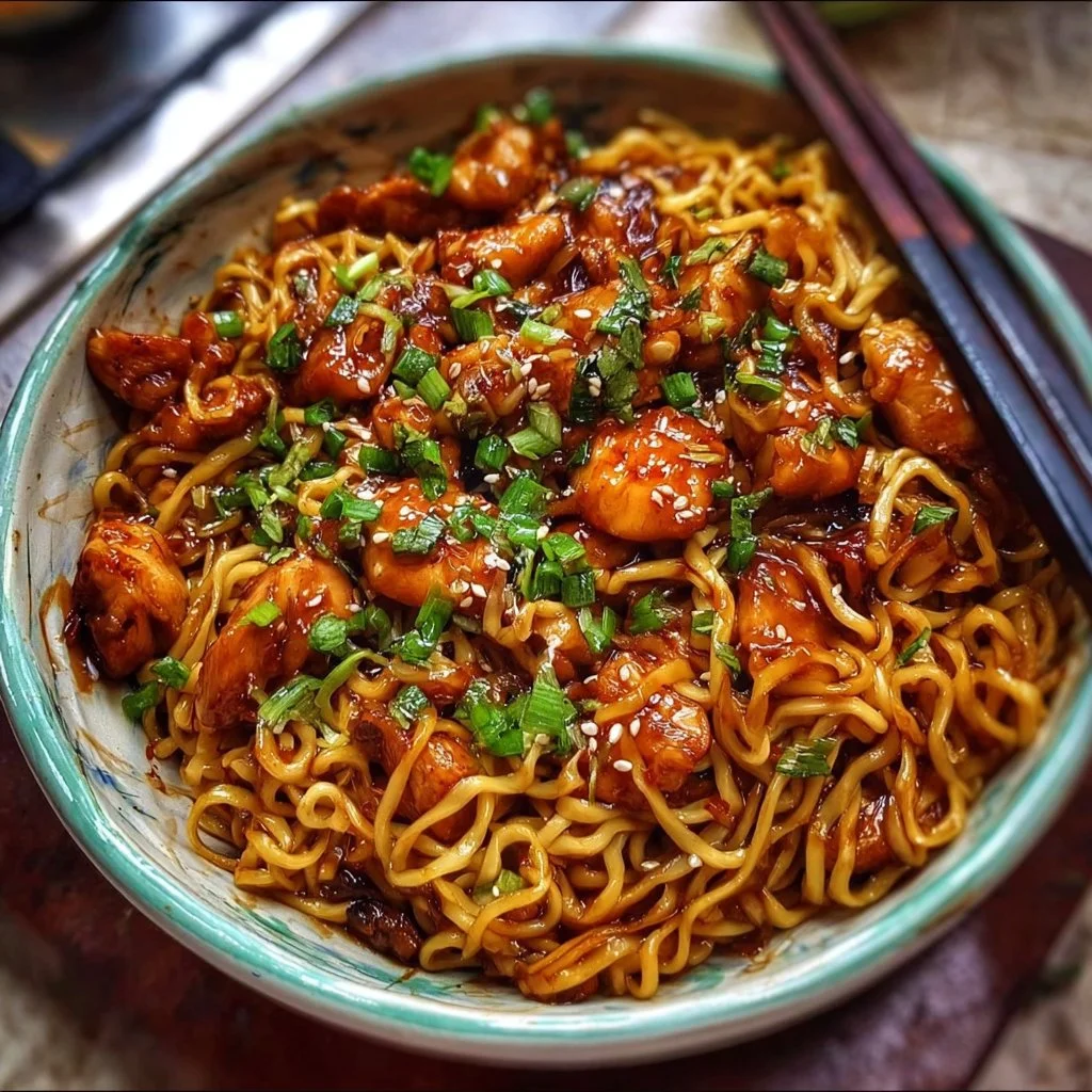 Delicious sticky garlic chicken noodles garnished with fresh herbs.