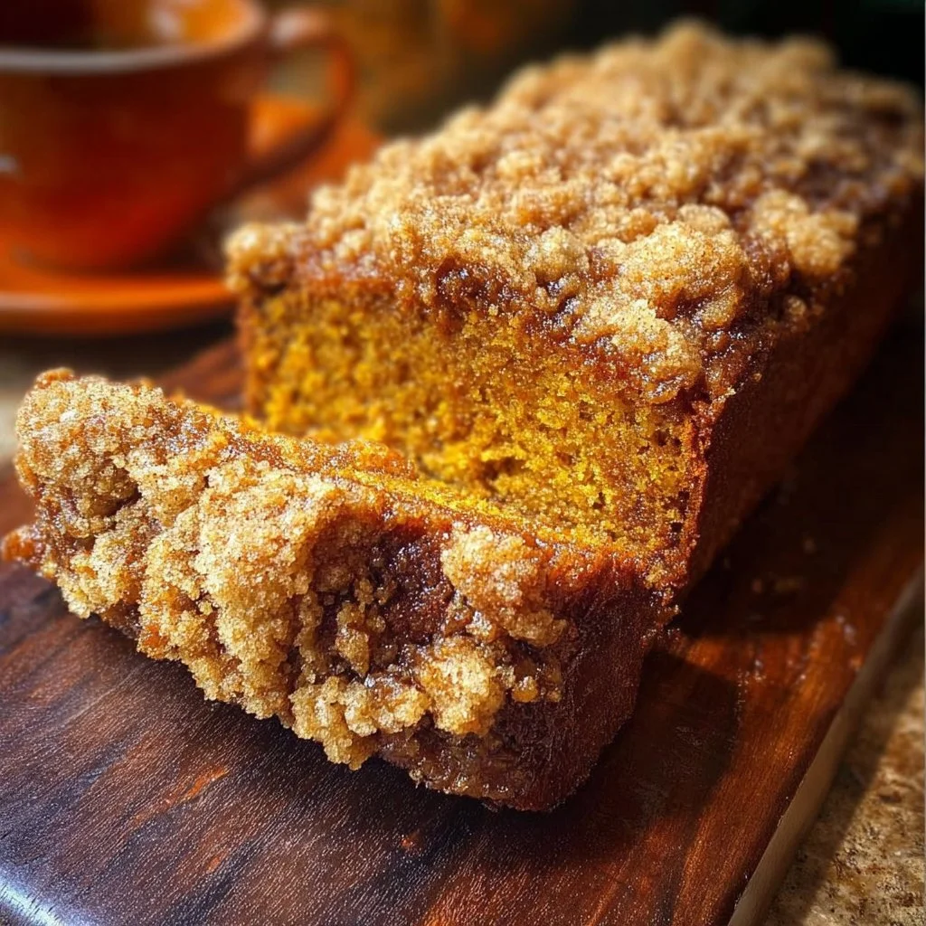 Sliced streusel-topped pumpkin loaf on a wooden table