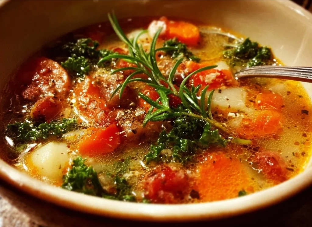 Bowl of Tuscany Soup garnished with fresh herbs and vegetables