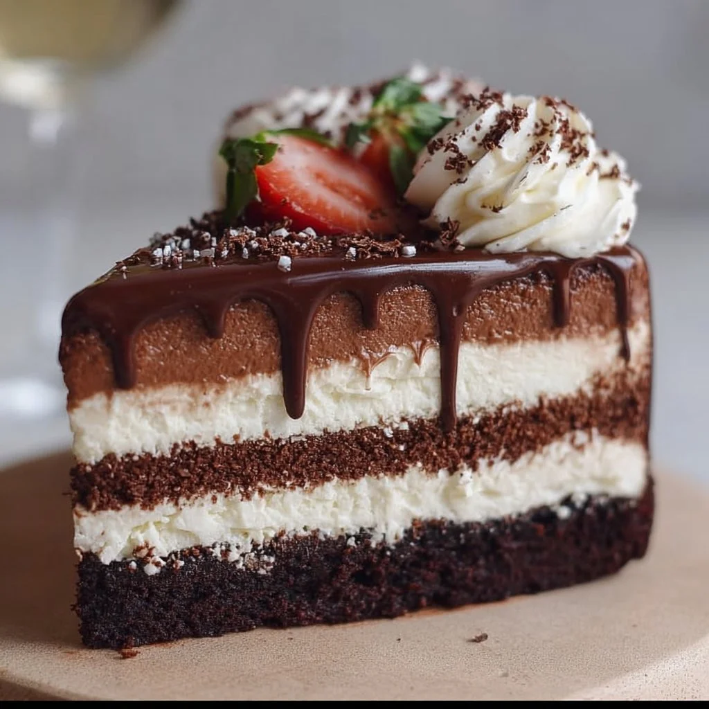 Delicious Tuxedo Cake with layers of chocolate and vanilla frosting