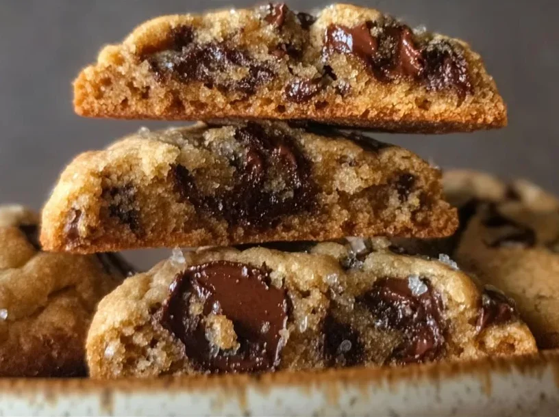 Ultra thick chocolate chip cookies with crispy edges and gooey centers, freshly baked.