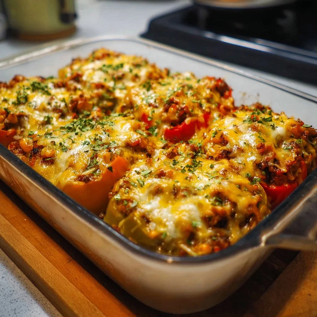 Bowl of delicious vegetarian stuffed pepper casserole with colorful bell peppers and grains