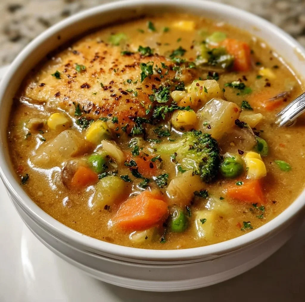 Delicious Veggie Pot Pie Soup recipe with fresh vegetables and herbs.