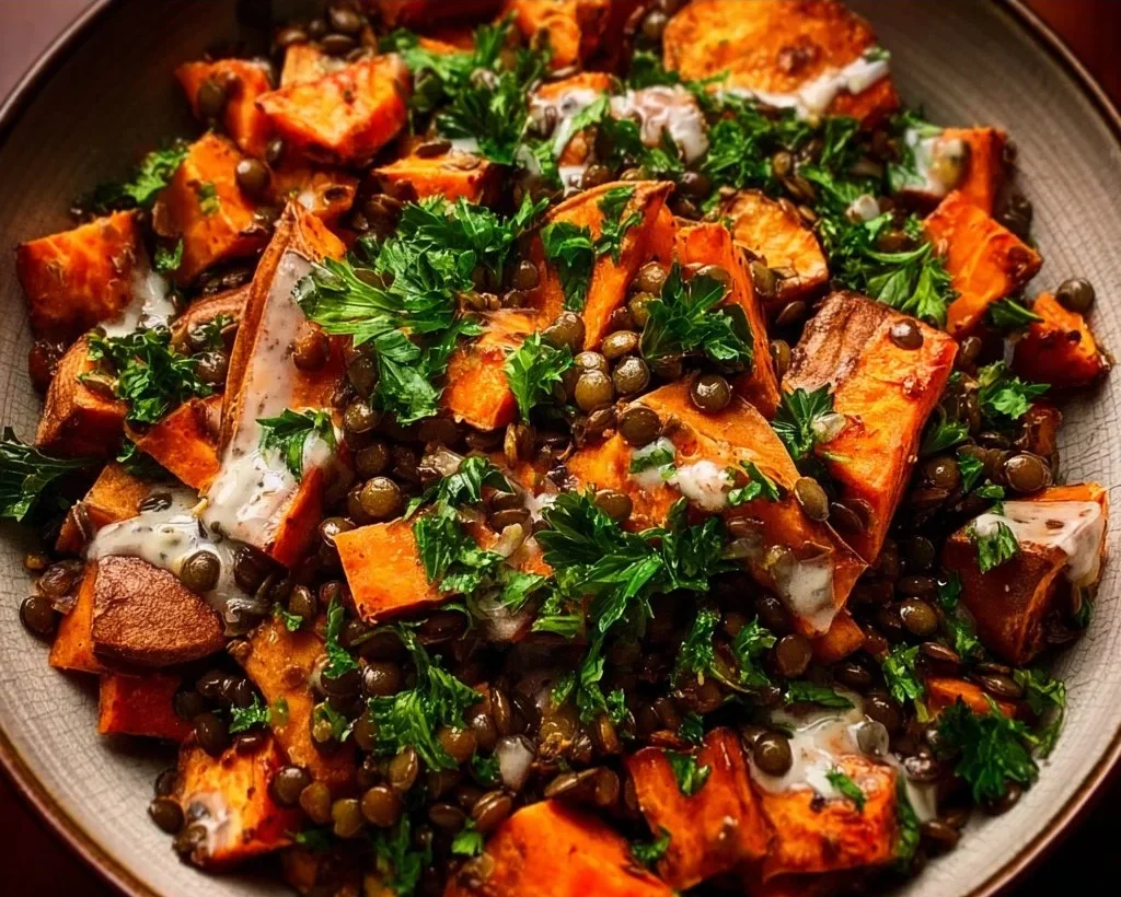 Warm roasted sweet potato and lentil salad, healthy and delicious.