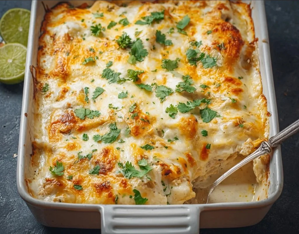 White chicken enchilada casserole in a baking dish, creamy and delicious.