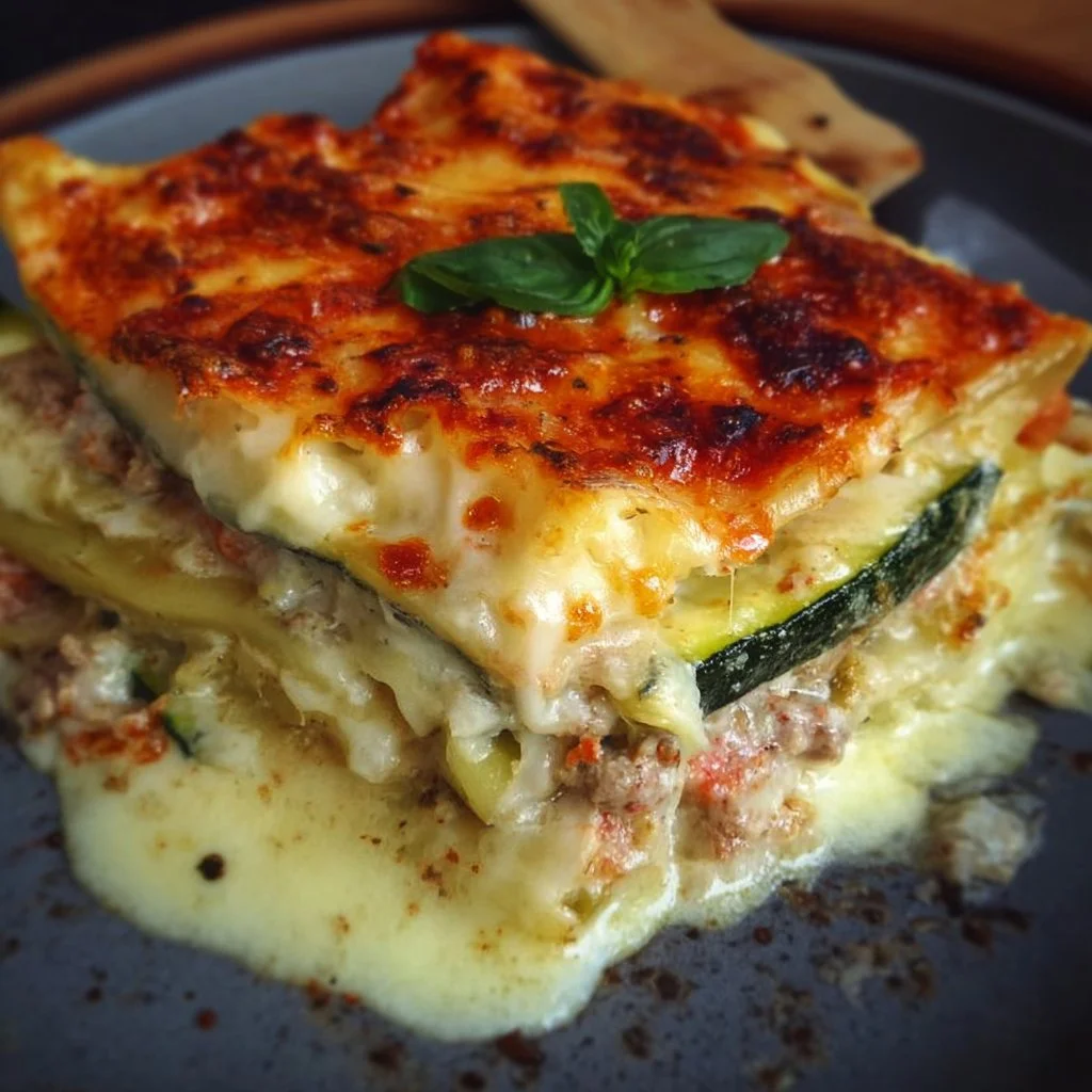 Delicious zucchini lasagna layered with cheese and marinara sauce