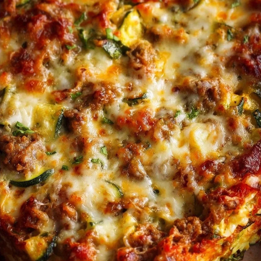 Healthy zucchini pizza casserole topped with cheese and fresh vegetables