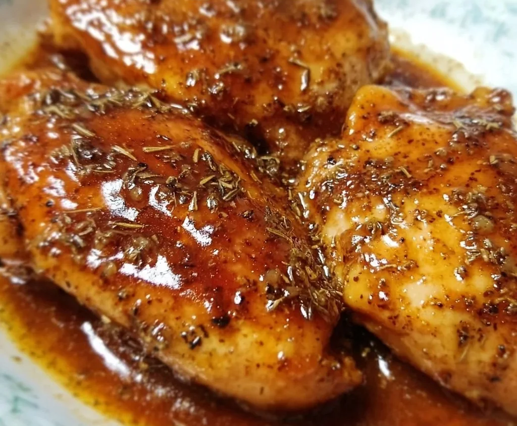 Delicious brown sugar Italian chicken garnished with herbs on a serving plate.