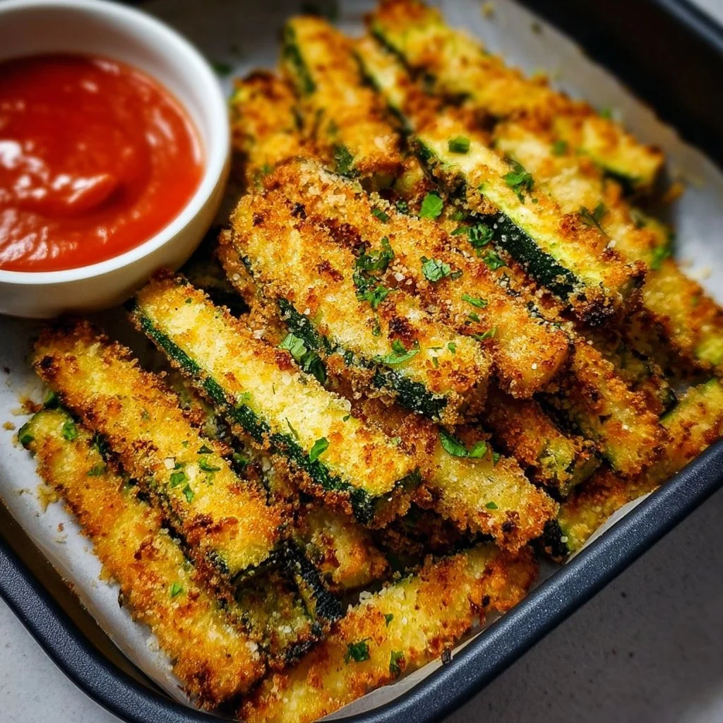 Crispy air fryer zucchini fries served on a plate with dipping sauce