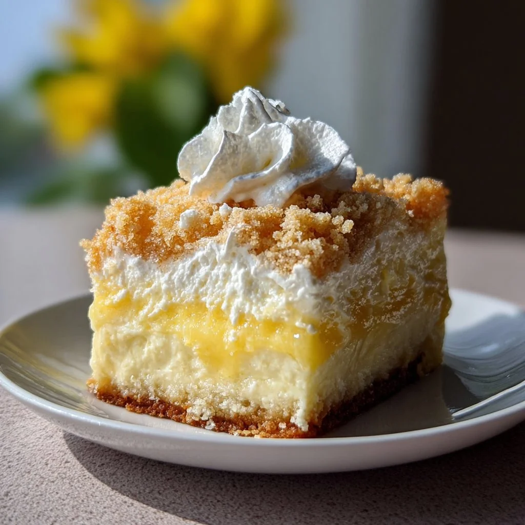 Delicious lemon cream cheese dump cake in a baking dish