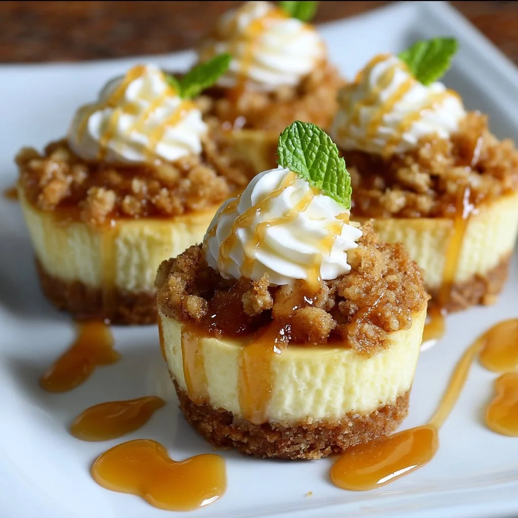 Delicious Apple Crisp Mini Cheesecakes with an apple topping and crunchy texture
