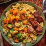 Autumn dinner plate with sausage, pasta, Brussels sprouts, and butternut squash.