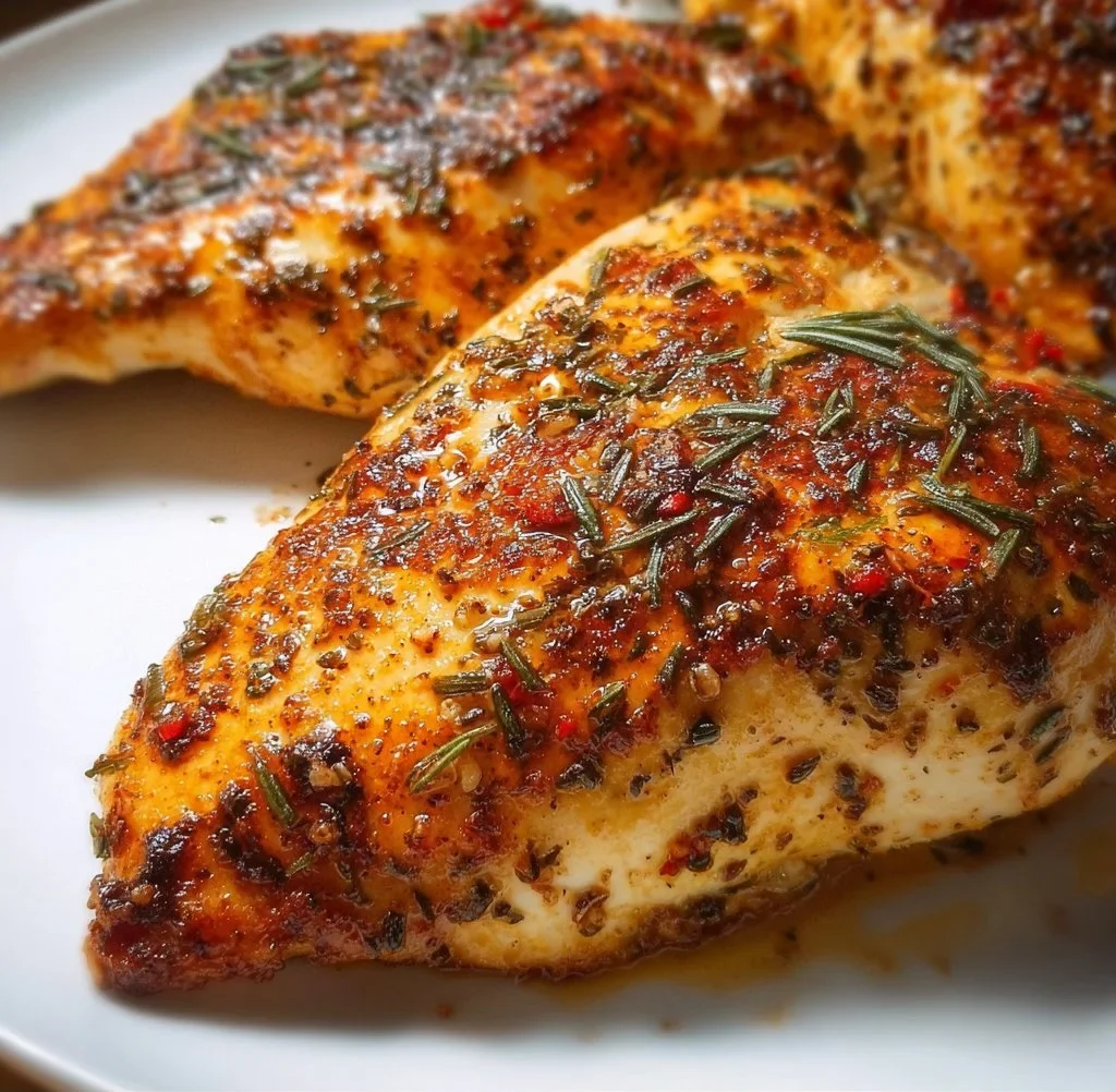 Juicy and flavorful baked chicken breast on a plate garnished with herbs.