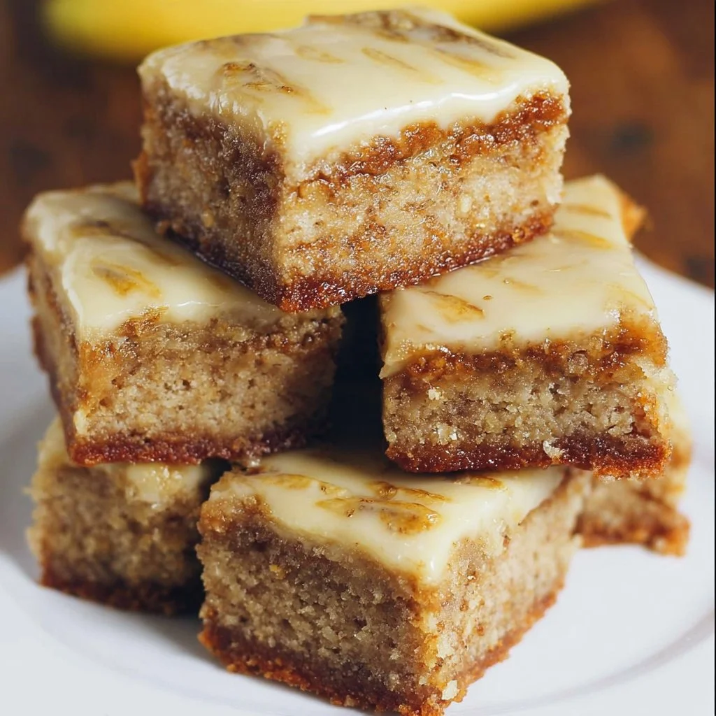Delicious banana bread blondies arranged on a plate